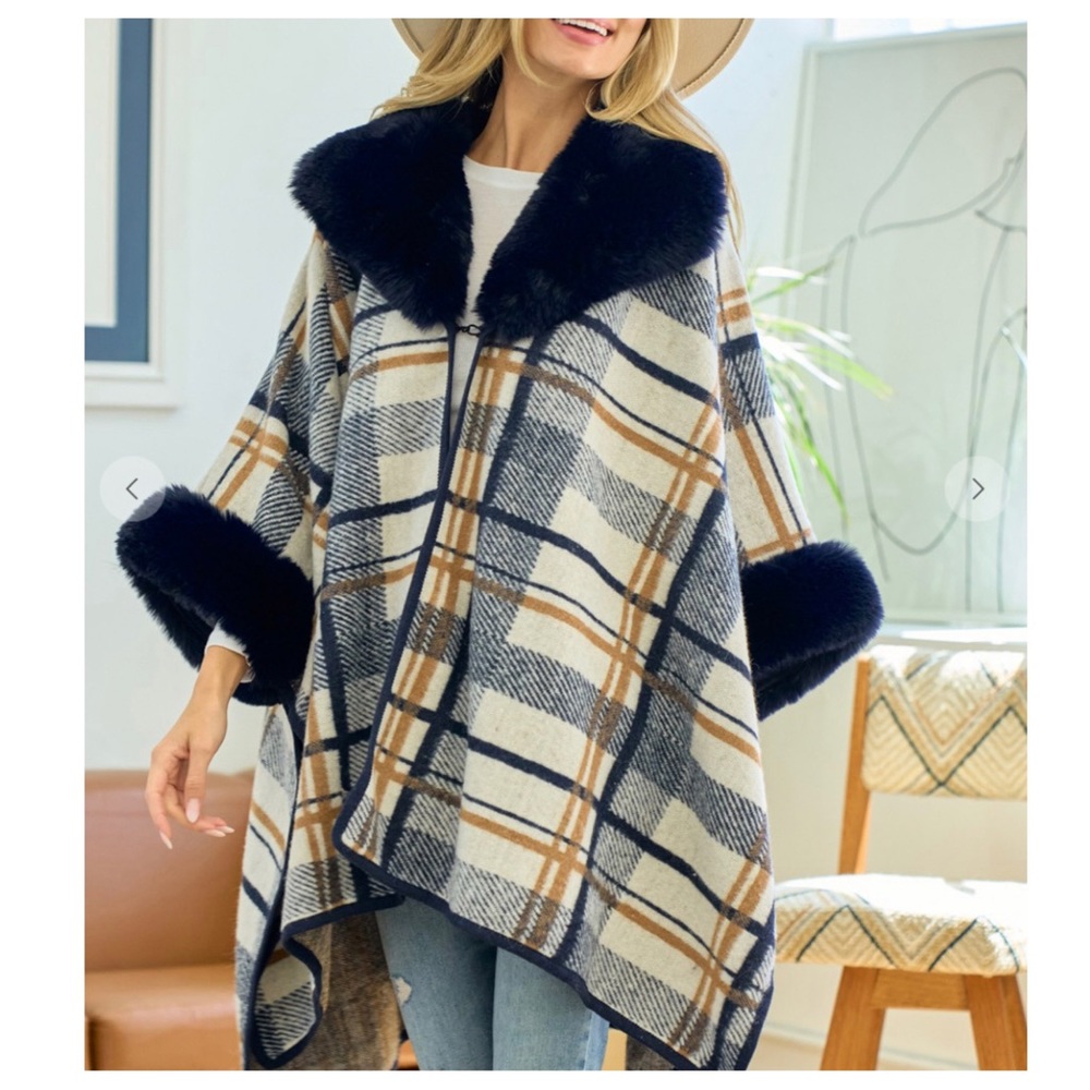 02 Plaid Pattern Navy & Beige Faux Fur Plaid Shawl Coat
